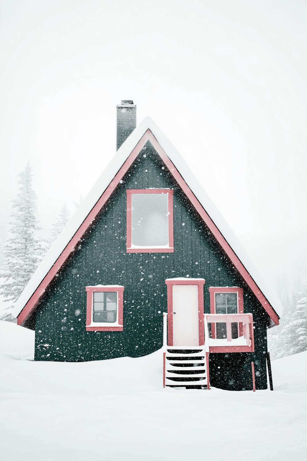 A dark A-frame cabin standing alone in heavy snowfall, spruce trees fading into the storm behind it
