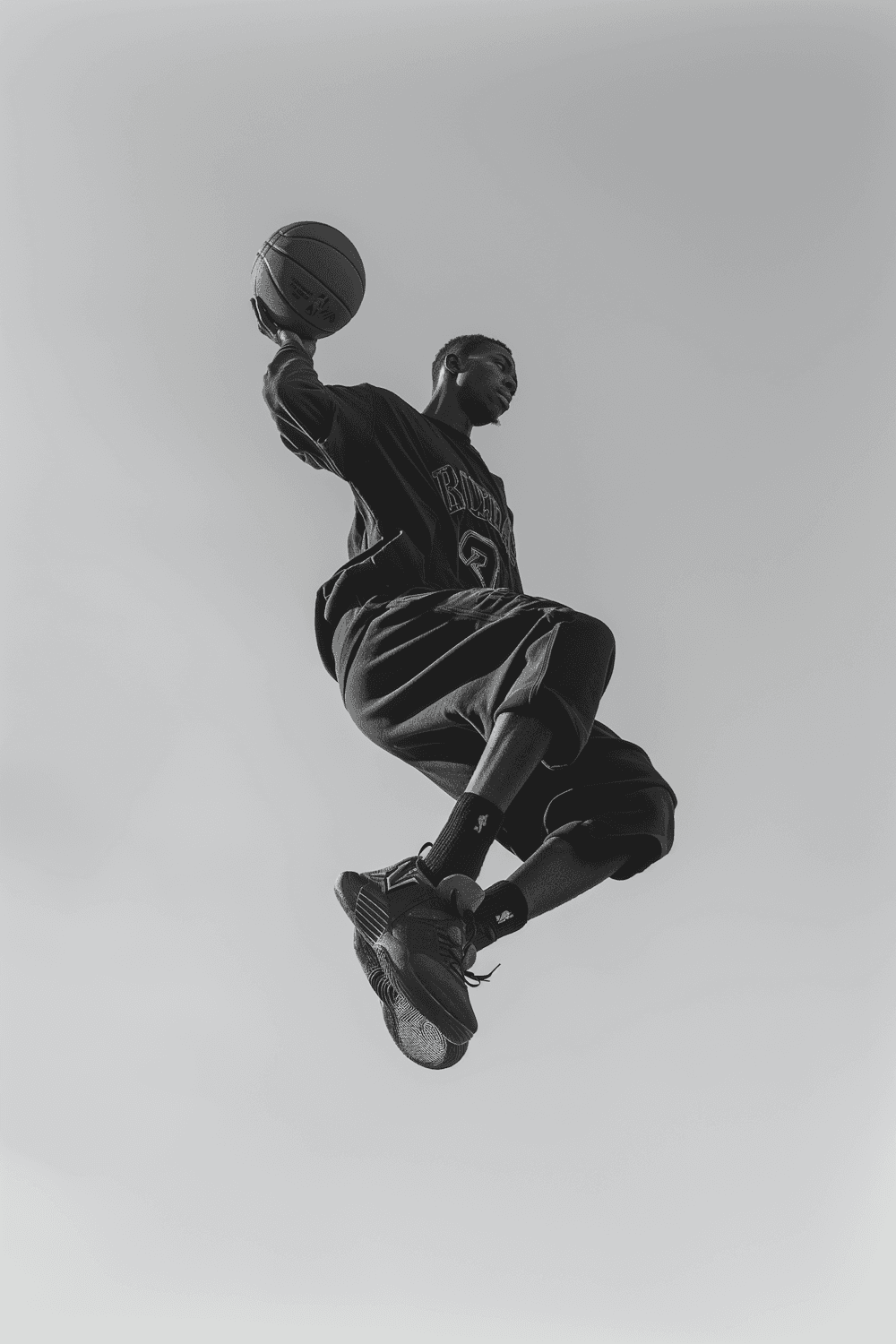 A basketball player rising for a one-handed dunk, in black and white