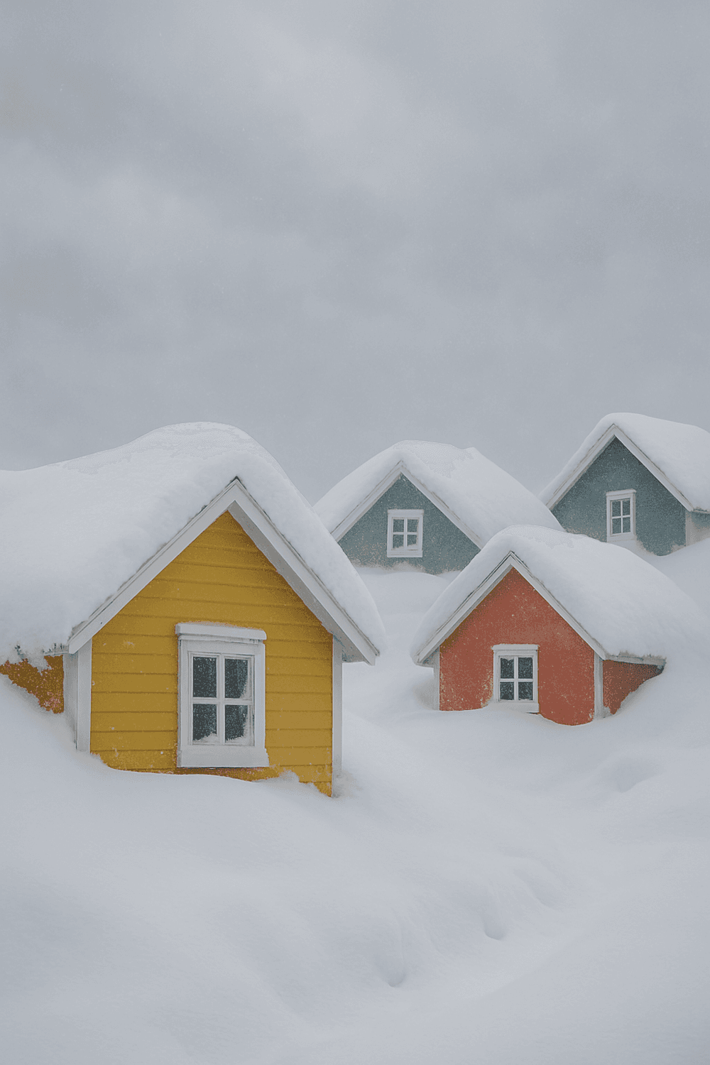 Small painted houses buried to their windows in snow under a grey winter sky